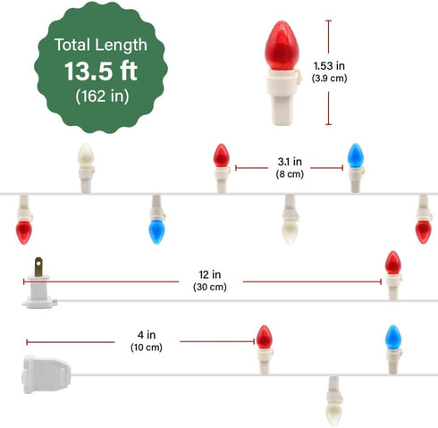 4th C3 13.5 50 GlowVibe Red White and Blue String Lights, of July, Glass ft LED Plug in Lights for Home Patio Garden
