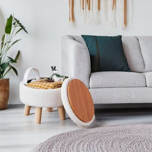 Wimarsbon Storage Ottoman, Modern Round Footrest with Soft Padded Seat, Teddy Velvet Footstool with Wood Legs, Accent