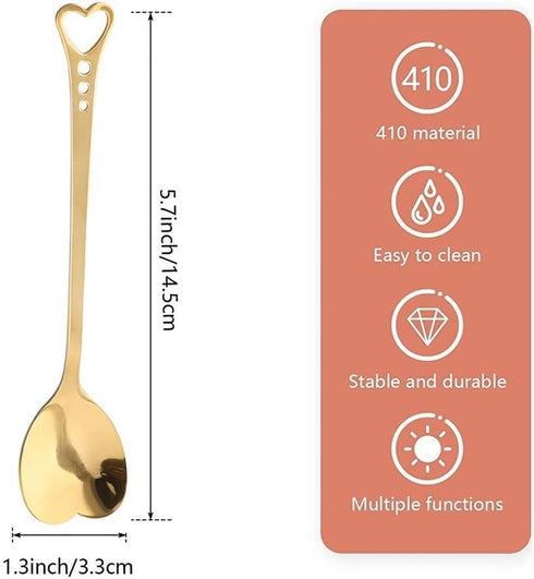 10-Piece Heart-Shaped Stainless Steel Dessert Spoon Set for Home, Restaurant, Cafe, and Bar - Elegant Design, Multi-Functional Usage, and Durable Quality Gold