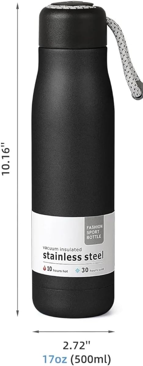 Water Bottle with Portable Lid, Metal Thermos Vacuum Insulated Stainless Steel, Reusable Leak Proof Flask (17oz, Black)