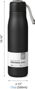 Water Bottle with Portable Lid, Metal Thermos Vacuum Insulated Stainless Steel, Reusable Leak Proof Flask (17oz, Black)