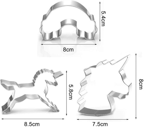 3-Piece Unicorn Cookie Cutter Set, Stainless Steel Unicorn, Rainbow & Head Shapes, Dishwasher Safe