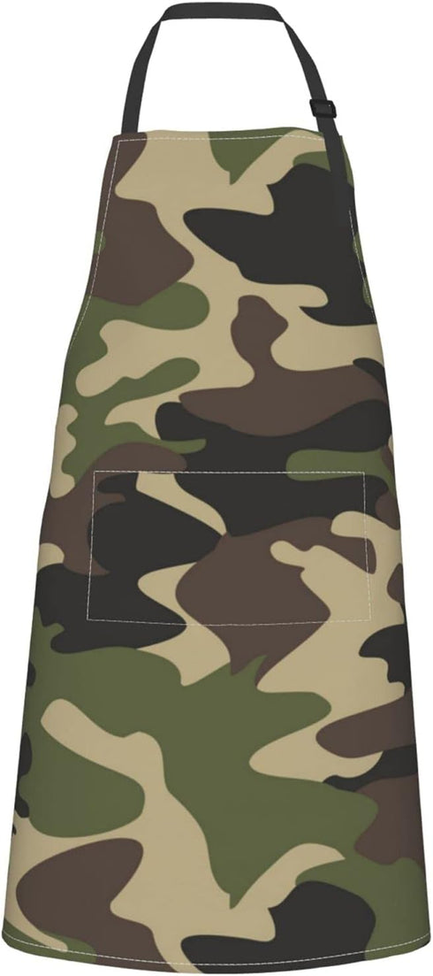 Waterproof Green Camo Apron with 2 Pockets, Amy Camouflage Kitchen Chef Bibs for Cooking, Baking, Gardening