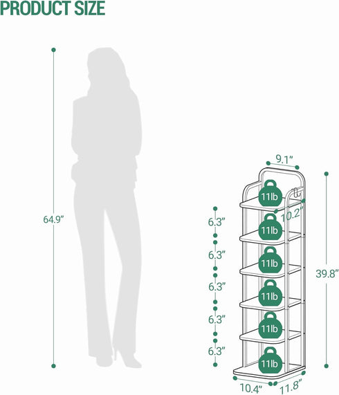 6 2 SR04213A Hzuaneri Tiers Vertical Shoe Rack, Narrow Shoe Tower, Tall Shoes Shelf with Hooks, Adjustable Shelves