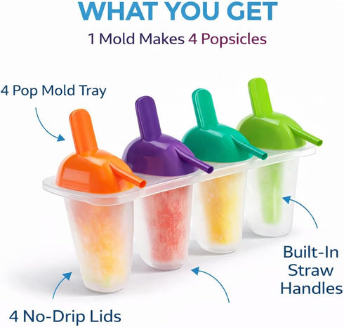 4 Pack Ice Lolly Popsicle Molds with Straw BPA Free Freezer Pop Mold Maker for Juice Yogurt Fruit Kids
