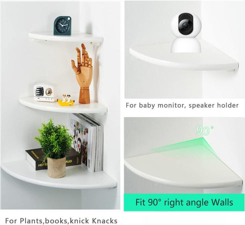 7inch Set 2 White Corner Shelf, Wall Mount Natural Oak Wood Floating Corner Wall Shelf Round End Small Corner