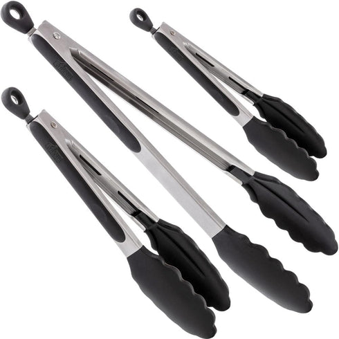 Gorilla Grip Stainless Steel BBQ Kitchen Tongs Set of 3, Non Scratch Silicone Tip for Nonstick Cooking Pans
