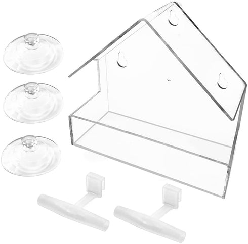 Window Bird Feeder - Small Acrylic Bird House for Outside with 2 Rods, Strong Suction Cups and Drain Holes (5.9 * 2.4 *