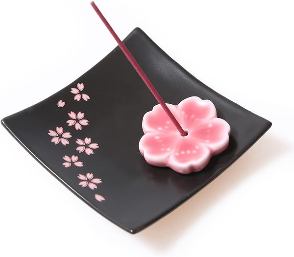 Japanese Handmade Ceramic Cherry Blossom Incense Stick Holder, Unique Ash Catcher Tray, Decorative Gift, Square Pink