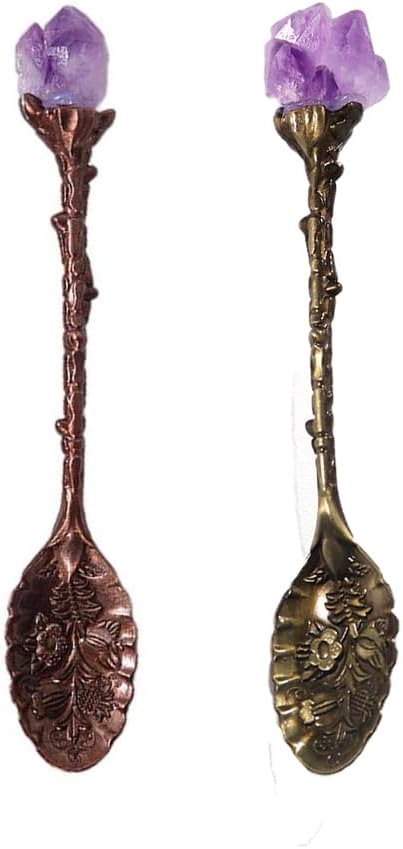2pcs Retro Crystal Antique Spoon, Amethyst Crystal Alloy Mini Coffee Tea Spoons for Home Office Ice Cream