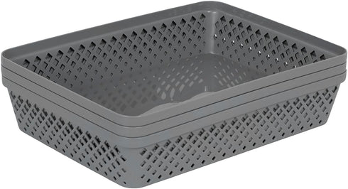 Glad Plastic Storage Basket Set - 3 Pack Large Organizers for Kitchen Pantry, Bathroom, and Drawer Trays, Grey