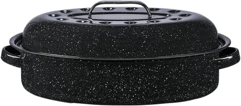 Granite Ware 15-Inch Covered Oval Roaster, 10 Lb Capacity, Enamel Steel Cookware, Dishwasher Safe, Speckled Black