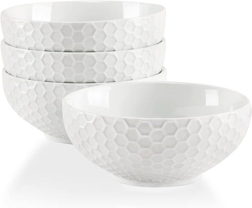 White Porcelain Small Bowls - 4.3 inch Honeycomb Grids for Ice Cream, Yogurt, Dessert, Fruits, 8 Ounce Bowl Set