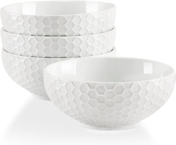 White Porcelain Small Bowls - 4.3 inch Honeycomb Grids for Ice Cream, Yogurt, Dessert, Fruits, 8 Ounce Bowl Set