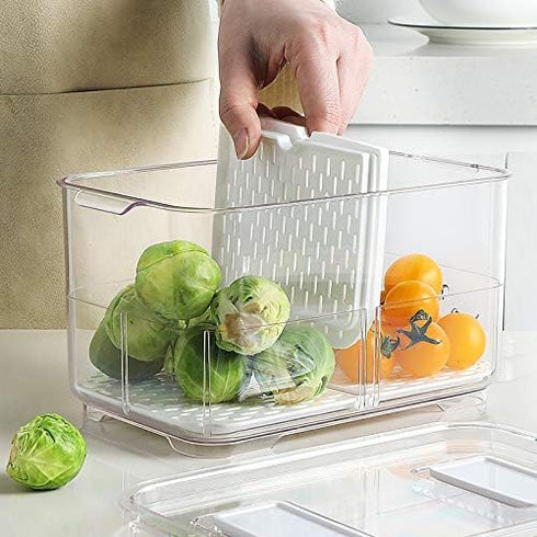 SANNO Refrigerator Food Storage Containers - Stackable Bin Organizer with Vented Lids and Removable Drain Tray