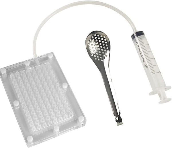 DUEBEL Spherical Caviar Dispenser, Molecular Gastronomy Kit with 96 Holes Roe Sauce Infuser & Strainer Spoon