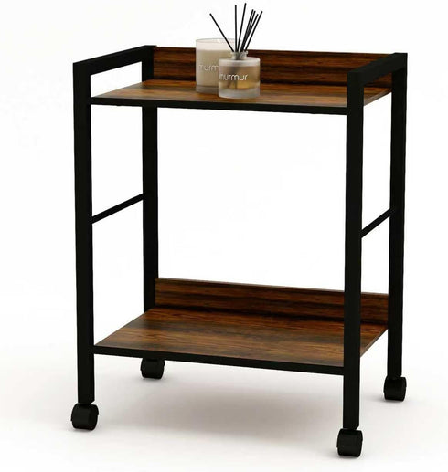 2-Tier Rolling Utility Cart Night Stand Organizer with Brown Wood Shelves and
