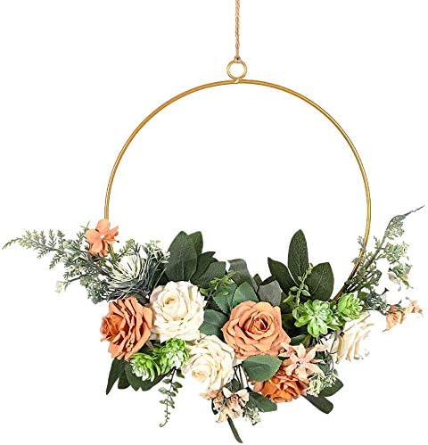Floral Hoop Wreath, Iron Artificial Rose Flower Wreath for Front Door, Wedding Party Nursery Decor - Orange