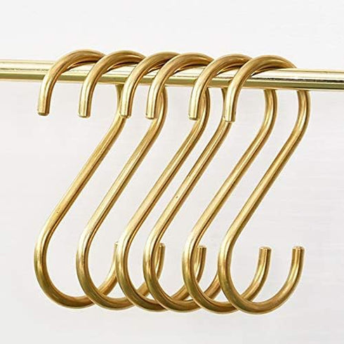 YANGQIHOME 6 Pieces, Gold Brass S Shaped Hooks, Coat Clothes Towel Hangers, Kitchen Rack Hooks