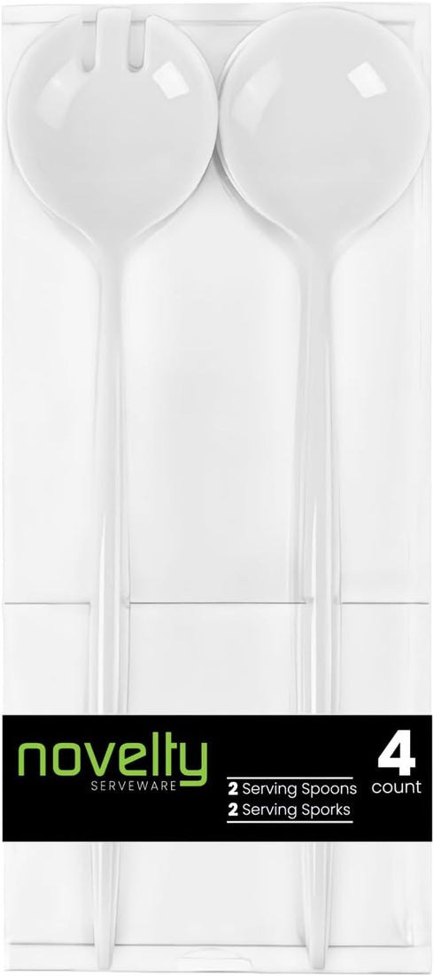 Novelty Servware White Plastic Serving Set, Includes 2 Serving Spoons and 2 Sporks for Events