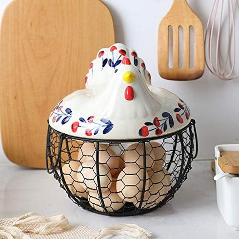 Chicken Design Ceramic Egg Storage Basket, Iron Basket Holds 20-25 Eggs, Organizer Case, Container Egg Basket Holder