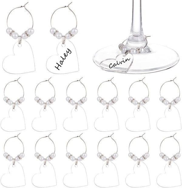 BENECREAT 20pcs/50pcs Acrylic Blank Wine Glass Charms, Heart/Flat Round/Hexagonal Charms for Birthday Holiday Wedding
