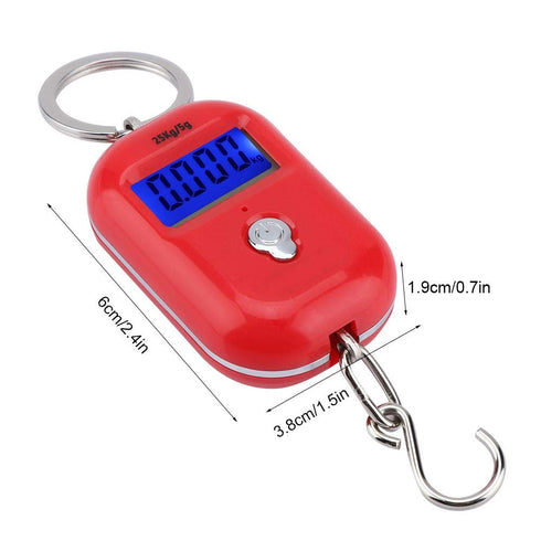 Mini Electronic Scale, Red Portable Fish Weighing Scale, 25Kg/5G Digital Pocket Key Chain Weight Hook for Kitchen