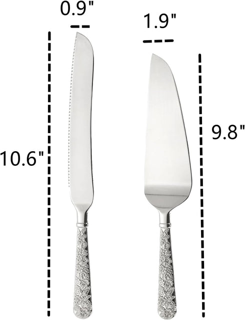 Dicunoy 2 PCS Wedding Cake Knife and Server Set, Silver Cake Cutting Set, Vintage Engraved Cake Cutter and Elegant Serving Spatula for Birthday, Party, Anniversary by Dicunoy