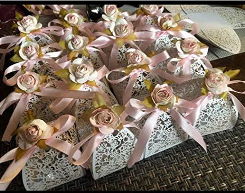 KPOSIYA Pack of 100 Laser Cut Rose Candy Boxes, 2.5"x 2.5"x 3.1", Gift Boxes for Bridal Shower, Birthday Party, Wedding