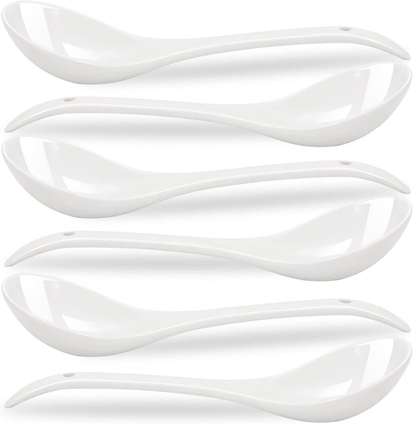 6 Pieces Premium White Porcelain Mini Ladles - 9 Inch Large Soup Spoons for Stews, Noodles, Chinese Dishes