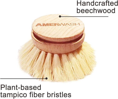 3 Packs, AMERWASH PLUS Classic Dish Brush Replacement Head Natural Bristle Tampico Fiber for All Purpose Cleaning