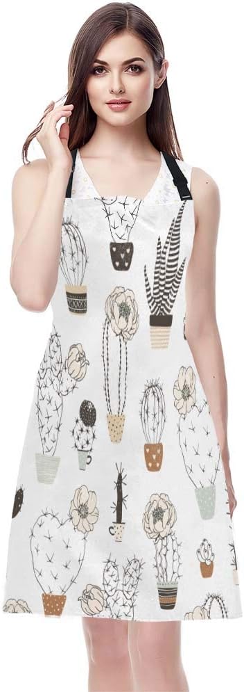 EKOBLA Cactus Aprons with Flower Pots Silhouettes, Waterproof Chef Cooking Kitchen BBQ Adjustable Aprons for Women Men