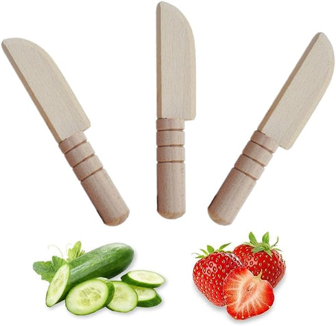 3 Pcs Wooden Kids Knife Safe Toddler Knife, Child Kitchen Tools for Cooking, Cutting Veggies, Fruits, Salad, Cake
