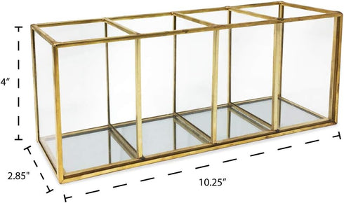 Isaac Jacobs Vintage Style Brass and Glass 4-Compartment Organizer - Makeup Brush Holder with Mirror Base (Antique Gold)