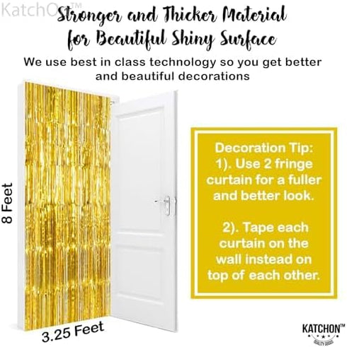 KatchOn XtraLarge Gold Fringe Curtain Backdrop, 8x3.2 Feet, Pack of 2 Gold Streamers for Party Decorations