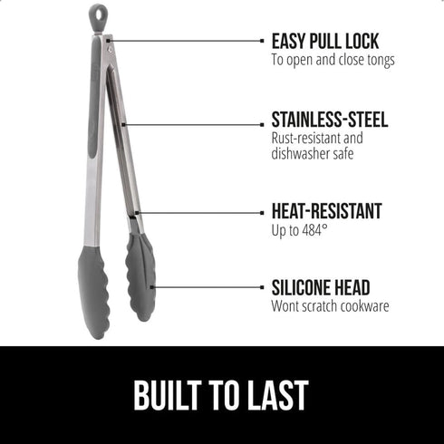 GORILLA GRIP Stainless Steel Heat Resistant Kitchen Tongs - 9 + 12 Inch Set of 2 BBQ Tong with Non Scratch Silicone Tip