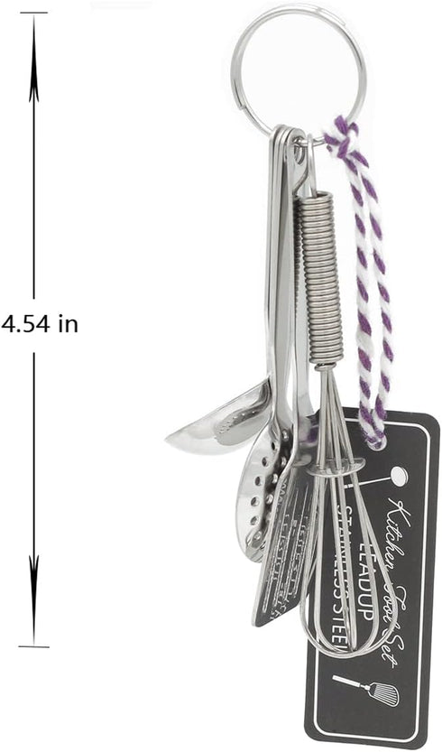 Mini Stainless Steel Kitchen Tool Set with Keychain, Set of 5, Includes Whisk, Spatula, Spoon, Skimmer, Ladle