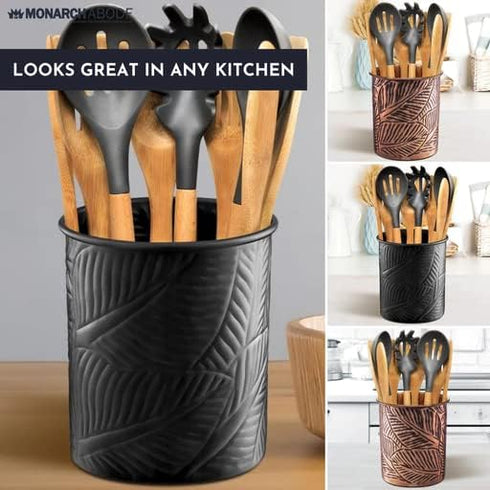 Monarch Abode 49177 Metal Caddy - Handcrafted Floral Embossed Kitchen Organizer for Utensils
