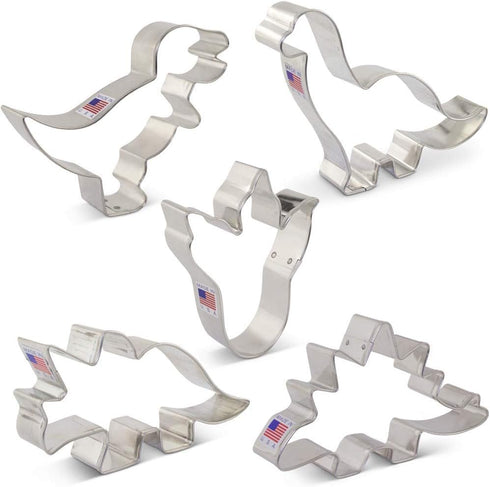Ann Clark Dinosaur Cookie Cutters, 5-Pc Set, Made in USA, Triceratops, Stegosaurus, T-Rex, Brontosaurus, Dino Footprint