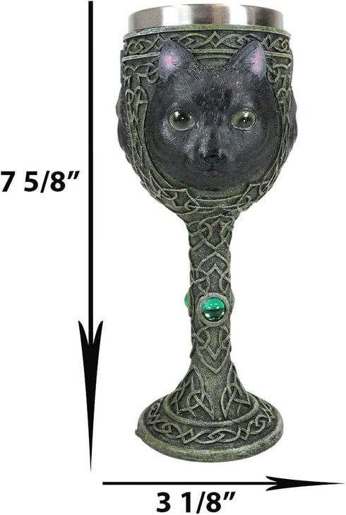 Ebros Wicca Mystical Witching Hour Black Cat Wine Goblet, 7oz Celtic Beverage Chalice with Green Gems