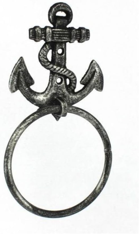 Hampton Nautical Cast Iron Anchor Towel Holder, 8.5", Antique Silver