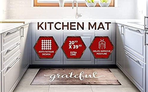 J&V TEXTILES 20x39 inches Anti Fatigue Kitchen Mat, Non Slip, Easy Wipe Clean, Grateful Design, 1/2 Inch Thick