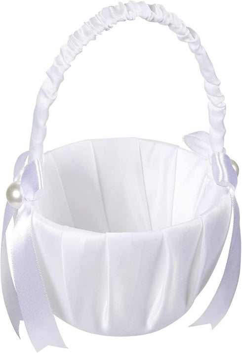 White Flower Girl Basket with Satin Bowknot & Pearl Design - 8 x 5.2 x 6 Inch, Ideal for Wedding Party Accessories