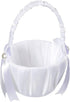 White Flower Girl Basket with Satin Bowknot & Pearl Design - 8 x 5.2 x 6 Inch, Ideal for Wedding Party Accessories