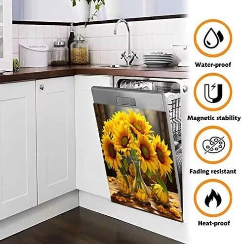 Modern Sunflower Dishwasher Magnet Cover, Appliance Sticker Blooming Sunflower Front Cover, 23" x 26"