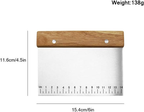 Stainless Steel Dough Bench Scraper - Pastry Chopper with Non-Slip Wooden Handle and Measuring Scales for Kitchen
