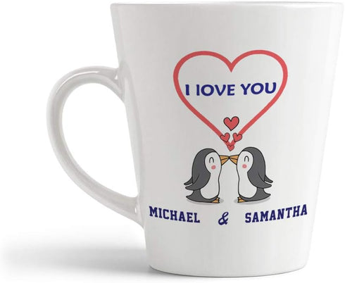 Personalized Custom Text Ceramic Latte Mug - I Love You Two Penguins, 12 Oz