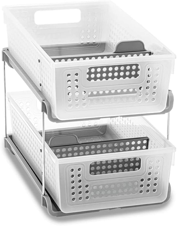 madesmart Premium Antimicrobial 2-Tier Organizer, Multi-Purpose Slide-Out Storage with Handles, Pack of 1, Frost