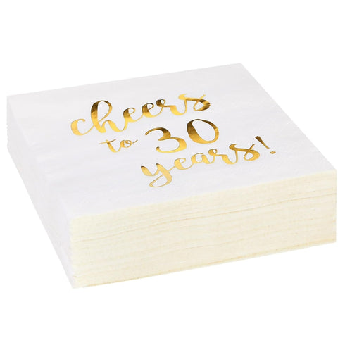 Juvale Cheers to 30 Years Cocktail Napkins, 5 x 5 In, 3-Ply White & Gold Foil, 50 Pack
