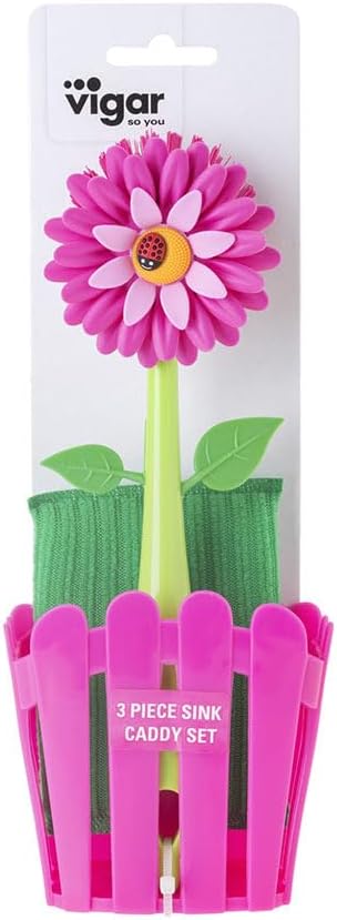 3-in-1 Set, Vigar Flower Power Kitchen Sink Caddy Flower-Shaped Dish Brush, Sponge, Fence-shaped Holder and Suction